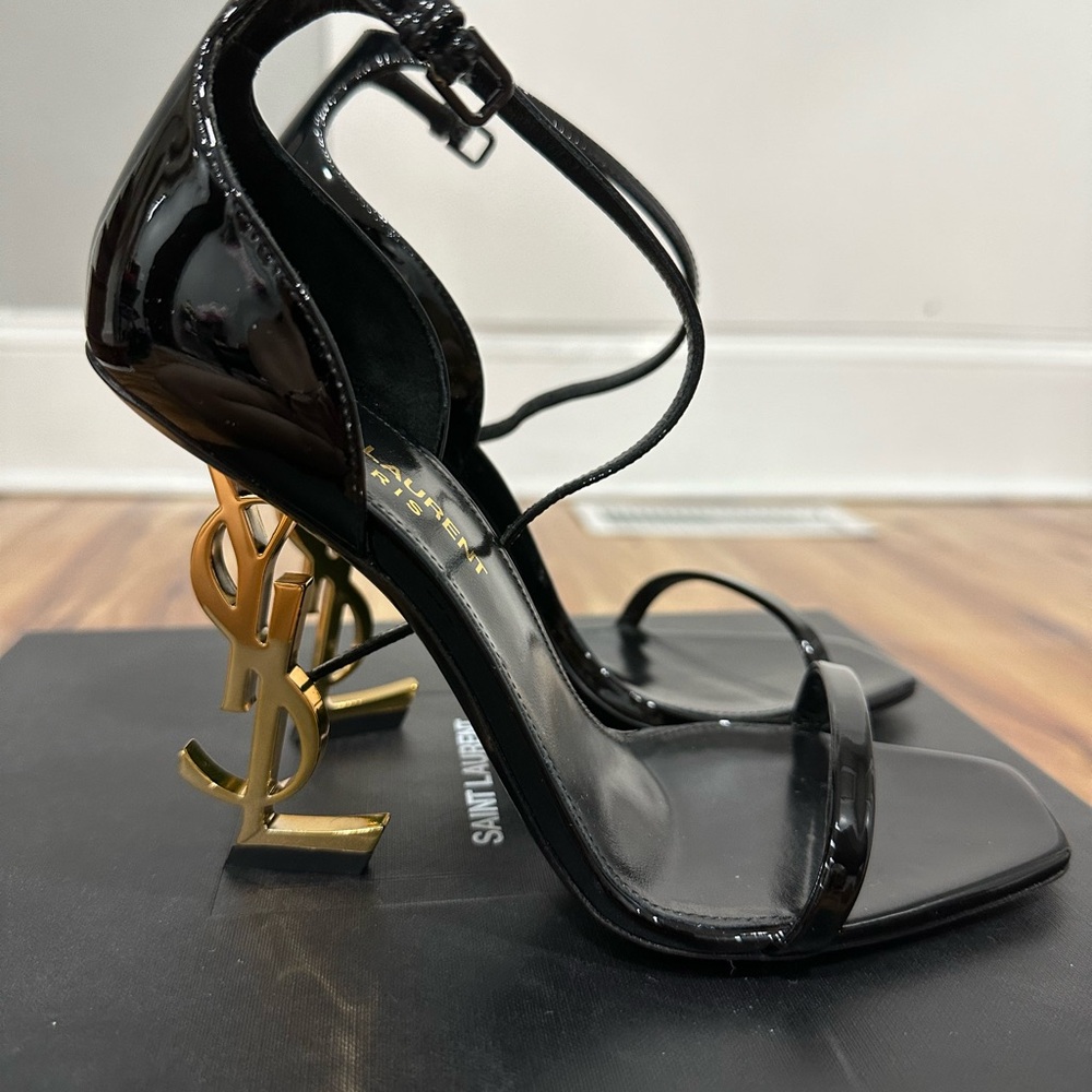 Saint Laurent Black and Gold YSL Logo Heels